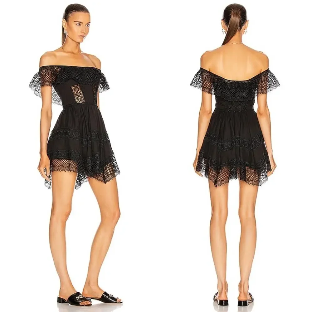 Charo Ruiz Ibiza Black Off Shoulder Lace Layered Asymmetric Vaiana Dress L - Picture 5 of 12